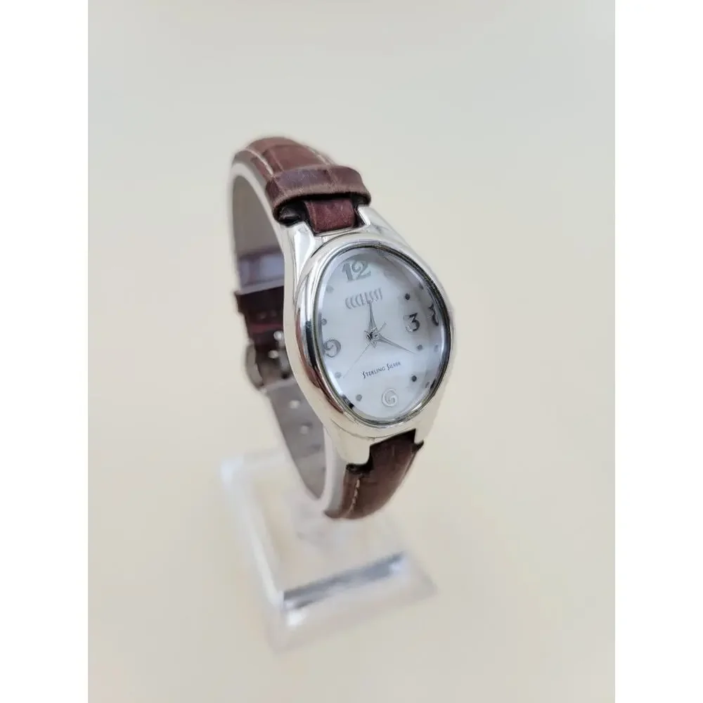 Ecclissi 22650 Women's Sterling Silver Watch Mother of Pearl Dial Brown Leather